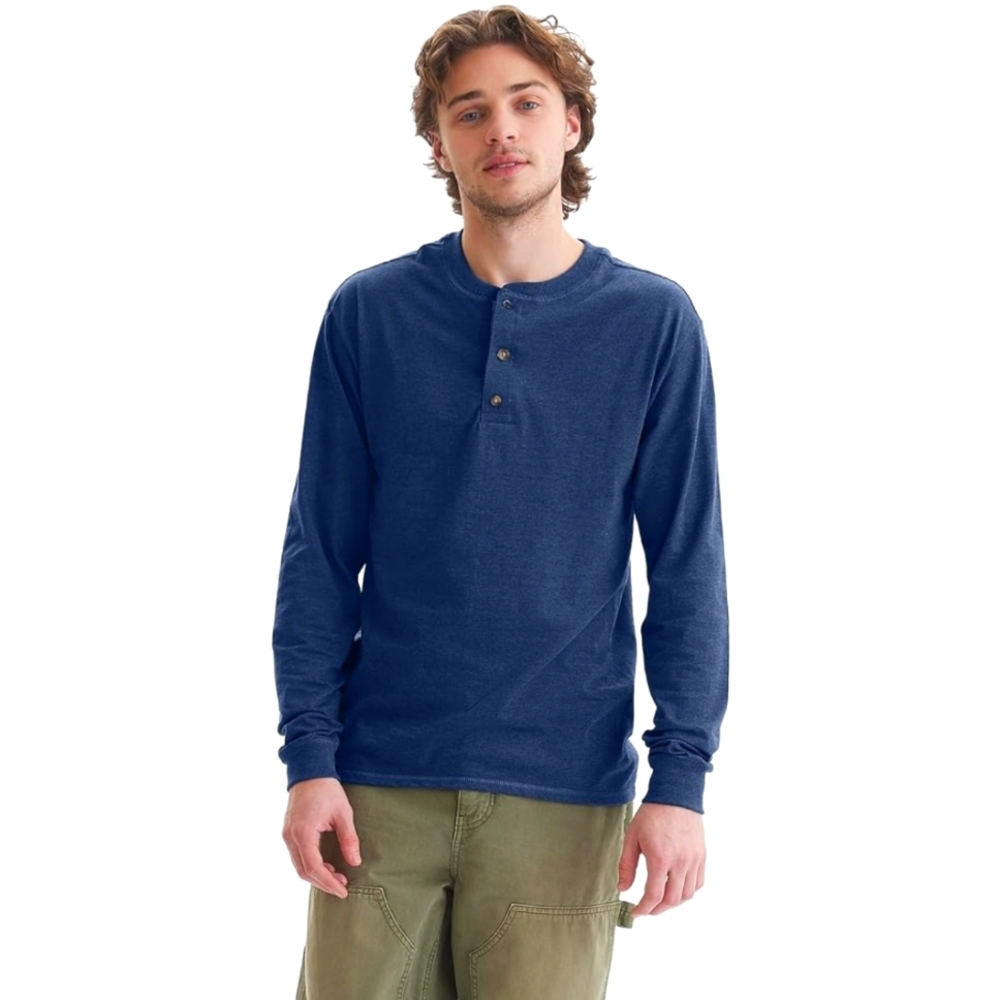 Hanes Beefy Henley Tee Navy Blue Heather Sz Large